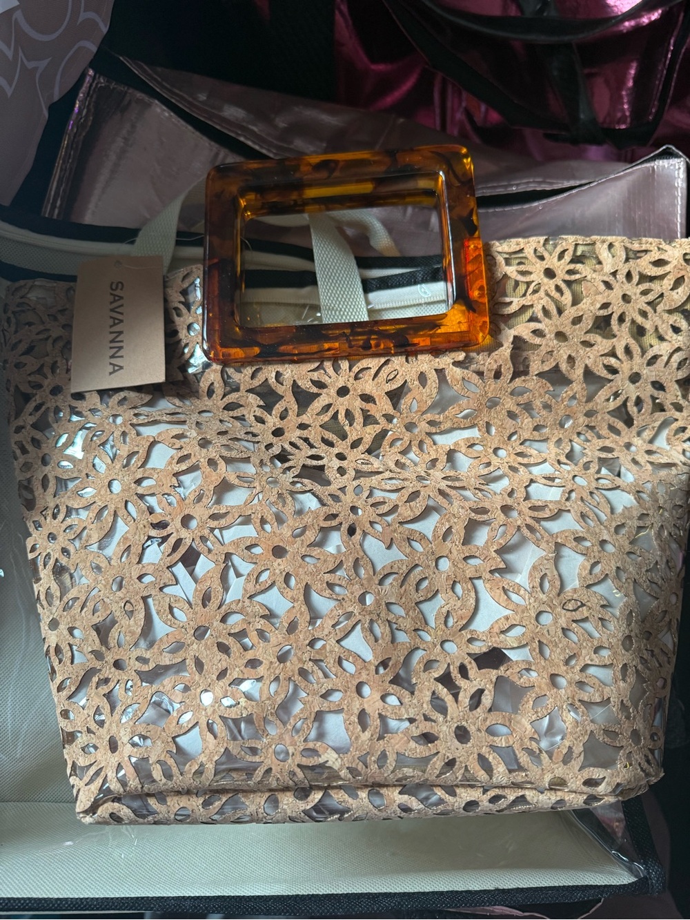 Savannah Gold Floral Cutout Handbag with Tortoiseshell Buckle Accent